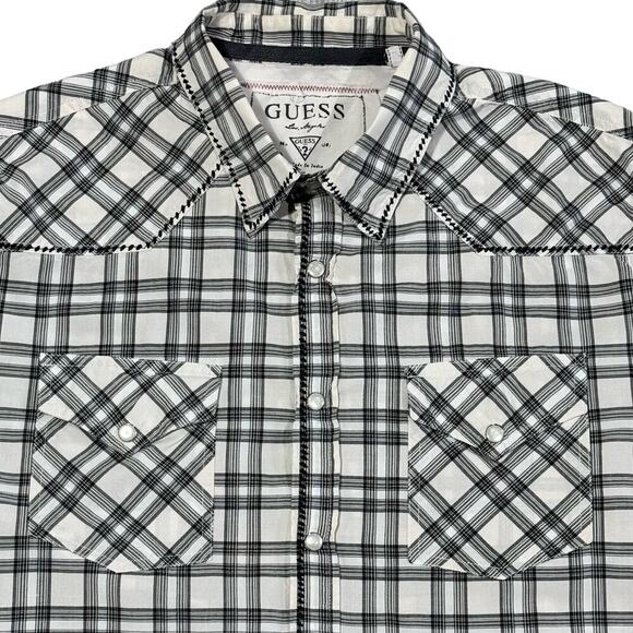 Men's Black &‎ White Western Plaid Shirt Pearl Snaps size Large by Guess - Picture 2 of 11